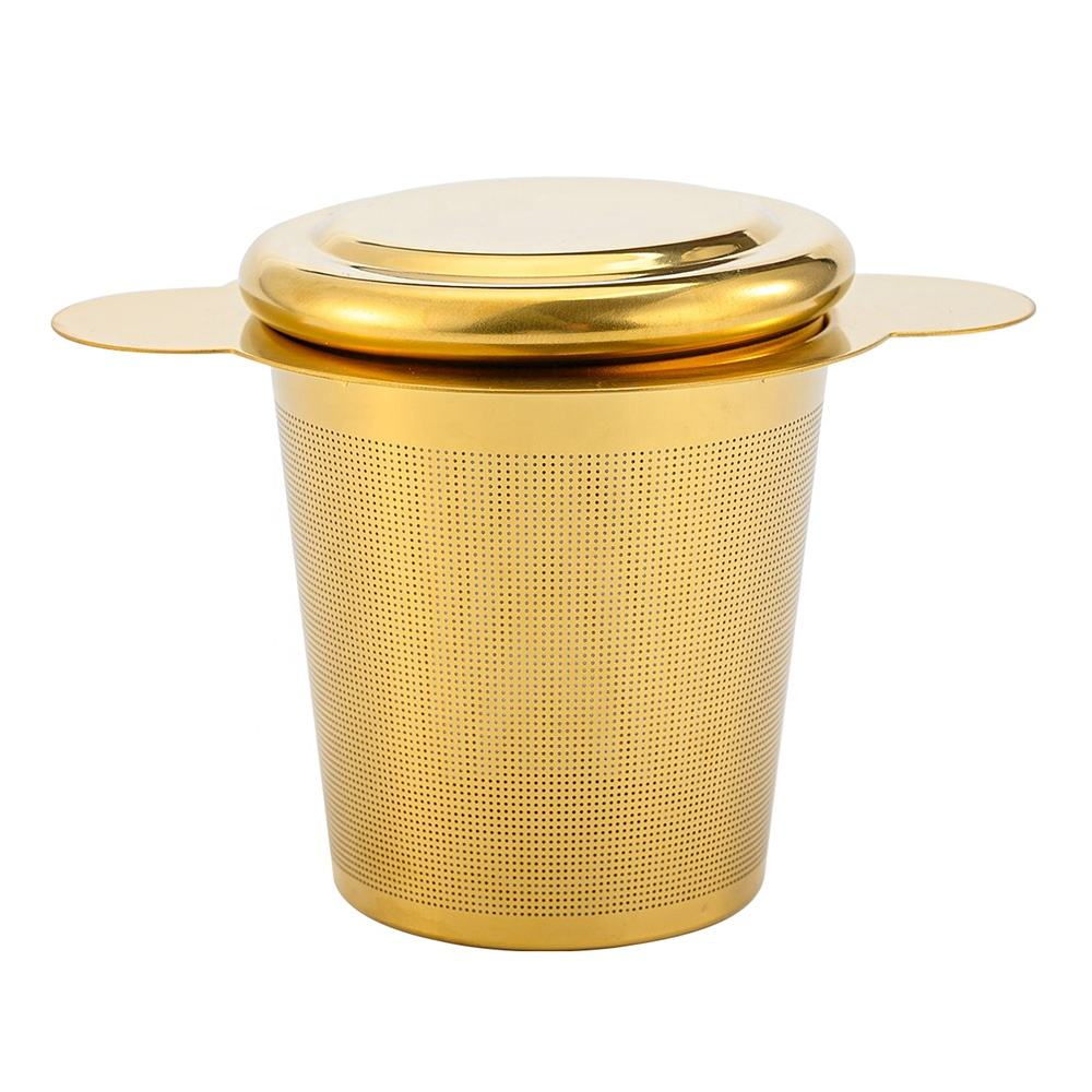 Gold Plated Stainless Steel Tea Infuser Basket with Lid and Double Wide Handles