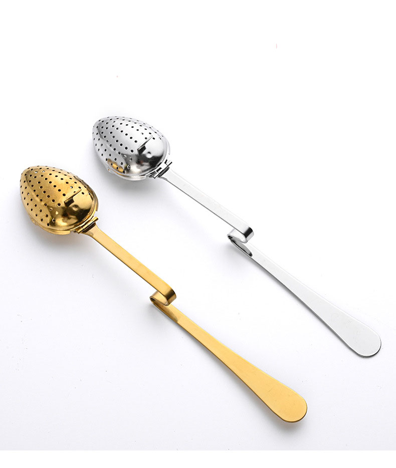 Spoon-shaped 304 stainless steel tea infuser with extra-long handle and one-handed squeeze mechanism