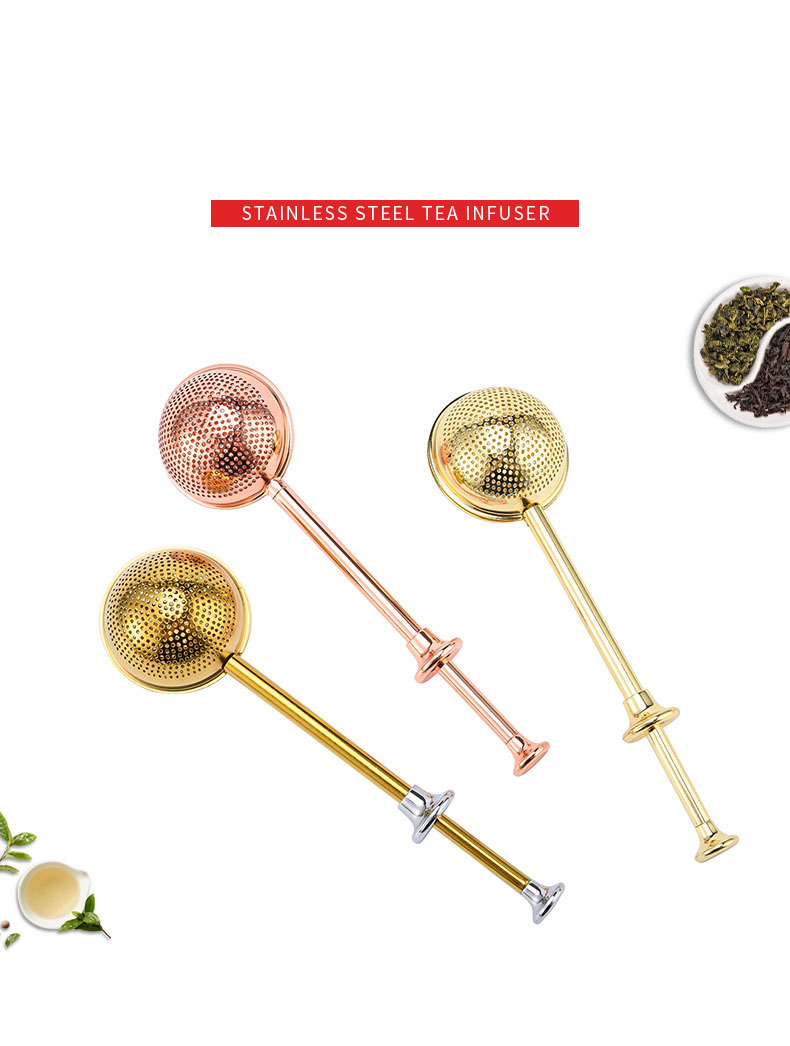 Gold and rose gold push handle stainless steel tea filter infuser for bulk teaware orders