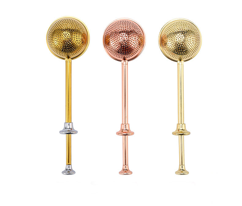 Gold and rose gold push handle stainless steel tea filter infuser for bulk teaware orders