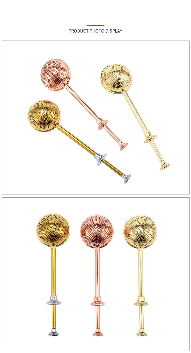 Gold and rose gold push handle stainless steel tea filter infuser for bulk teaware orders