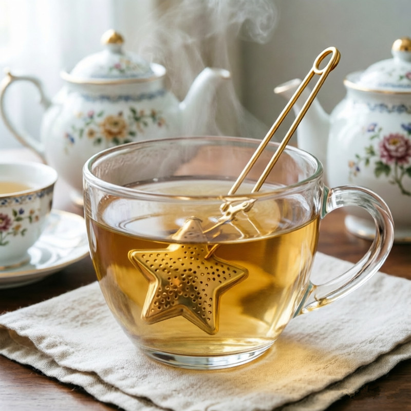 Gold star shaped stainless steel loose leaf tea infuser with fine mesh strainer Gold star shaped stainless steel loose leaf tea infuser with fine mesh strainer