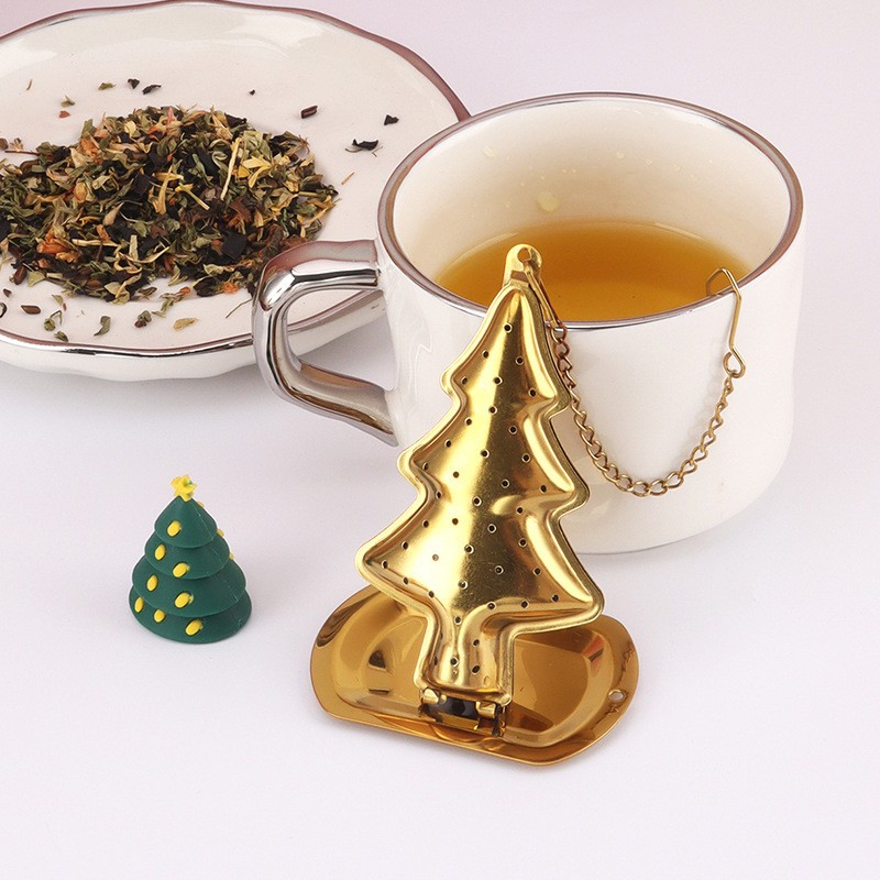 Christmas tree holiday gift tea steeper with matching gold tray Christmas tree holiday gift tea steeper with matching gold tray