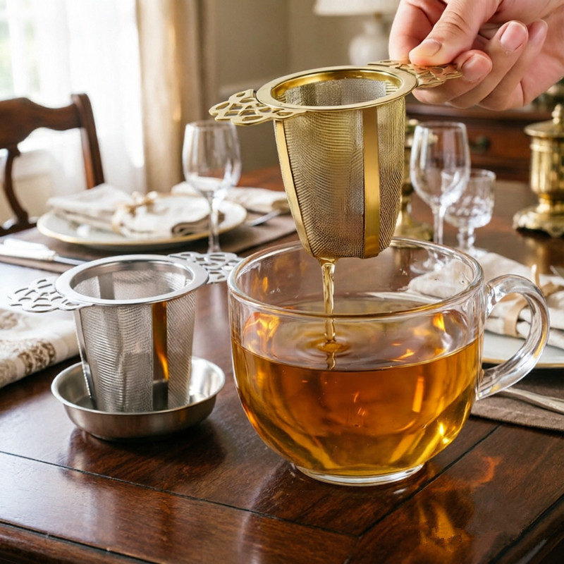 Gold 304 stainless steel tea infuser with lid and matching base for herbal tea Gold 304 stainless steel tea infuser with lid and matching base for herbal tea