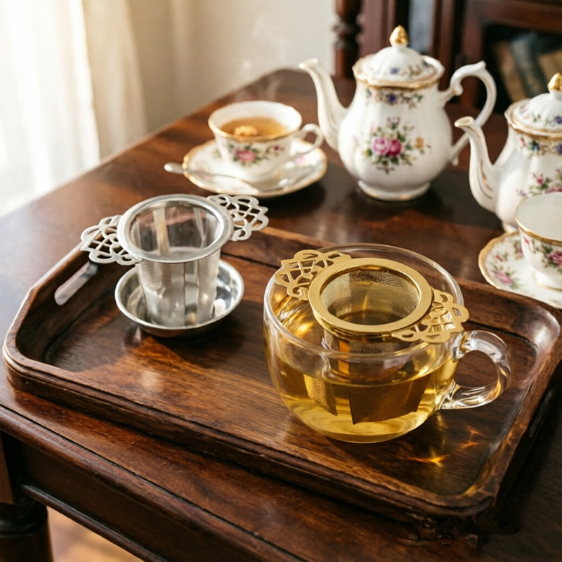 Gold 304 stainless steel tea infuser with lid and matching base for herbal tea Gold 304 stainless steel tea infuser with lid and matching base for herbal tea