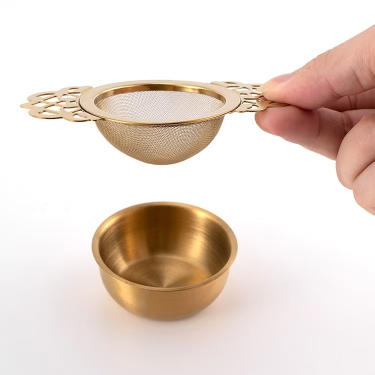 Luxury PVD Gold Stainless Steel Mesh Tea Infuser with Ornate Handles 1696