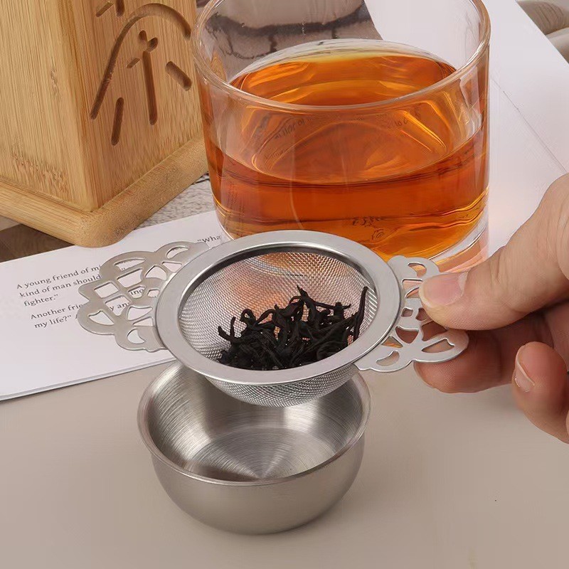 Premium stainless steel mesh-tea-strainer with double handles and drip bowl for tea preparation