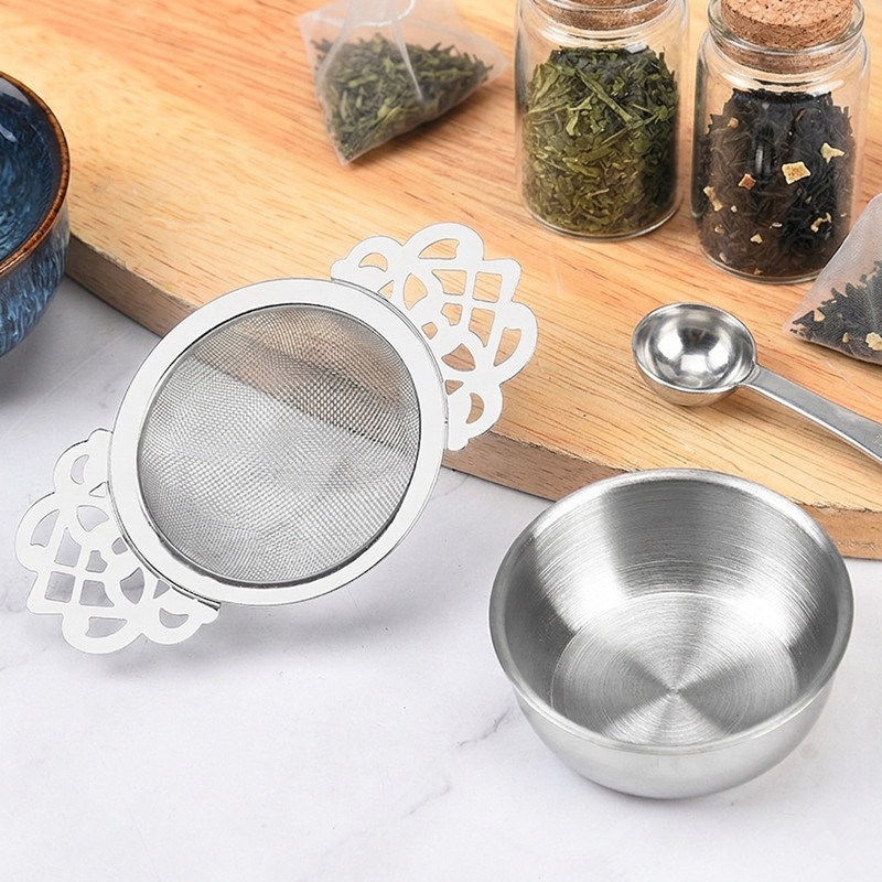 Premium stainless steel mesh-tea-strainer with double handles and drip bowl for tea preparation