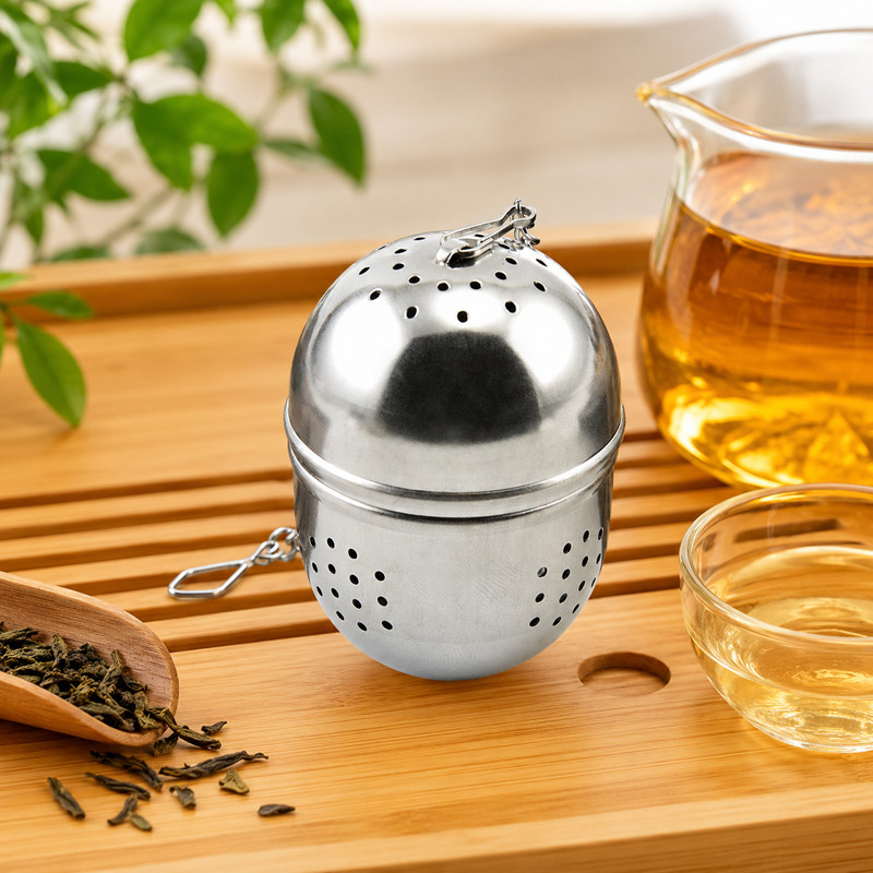 Stainless steel egg tea infuser with drip bowl for loose tea Stainless steel egg tea infuser with drip bowl for loose tea