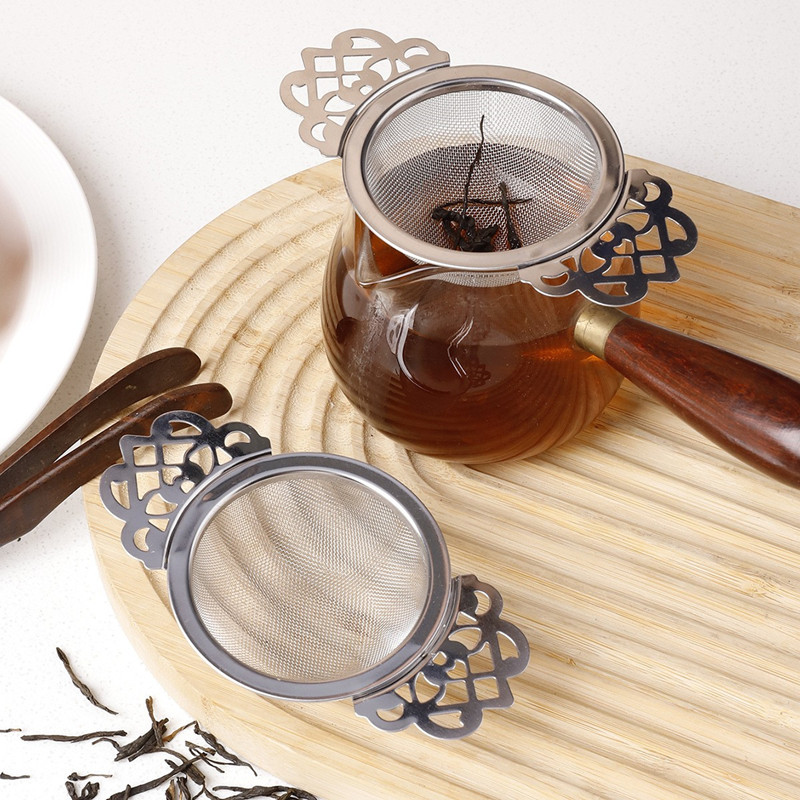 Premium stainless steel mesh-tea-strainer with double handles and drip bowl for tea preparation