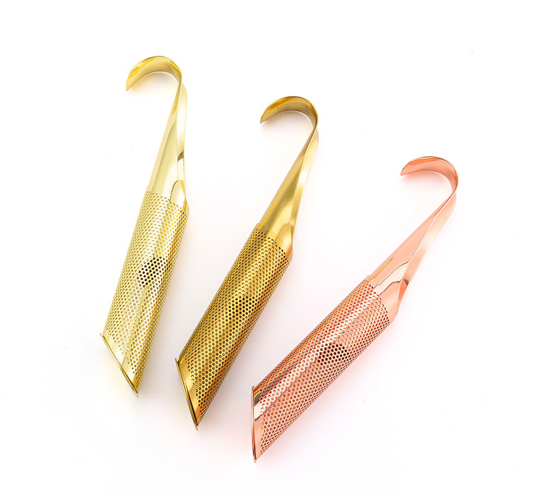 Premium stainless steel stick tea infuser with hook design and PVD gold finish Premium stainless steel stick tea infuser with hook design and PVD gold finish