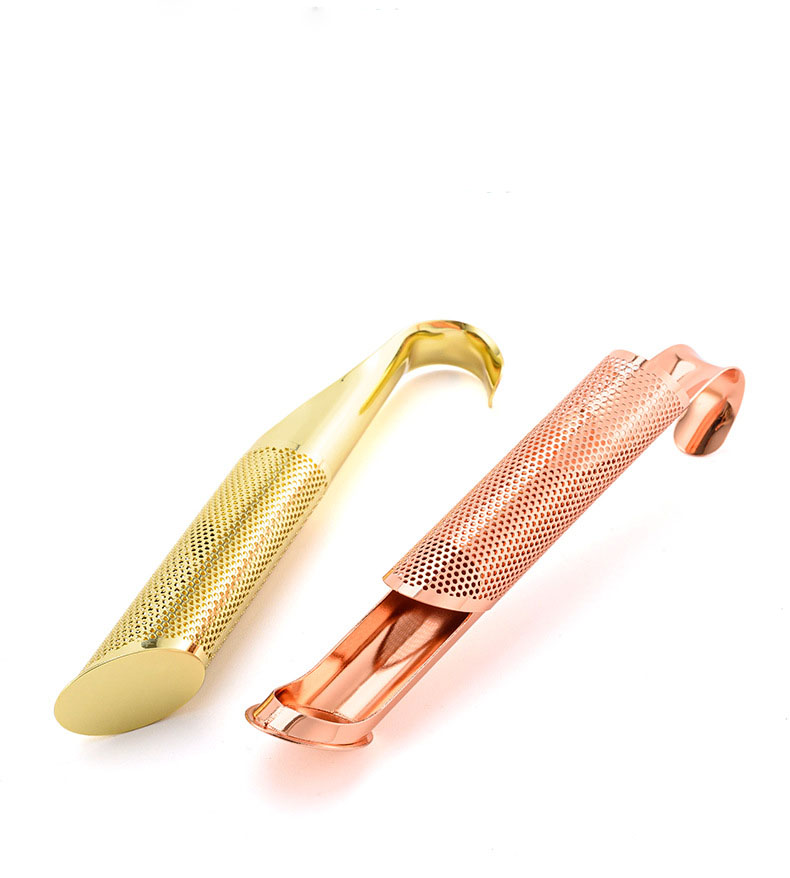 Premium stainless steel stick tea infuser with hook design and PVD gold finish Premium stainless steel stick tea infuser with hook design and PVD gold finish