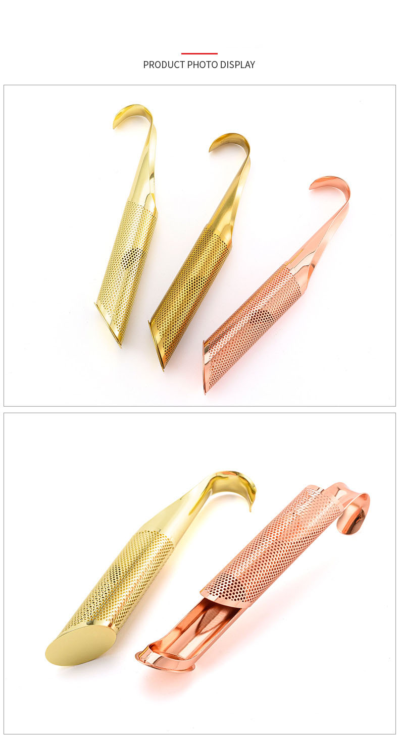 Premium stainless steel stick tea infuser with hook design and PVD gold finish Premium stainless steel stick tea infuser with hook design and PVD gold finish