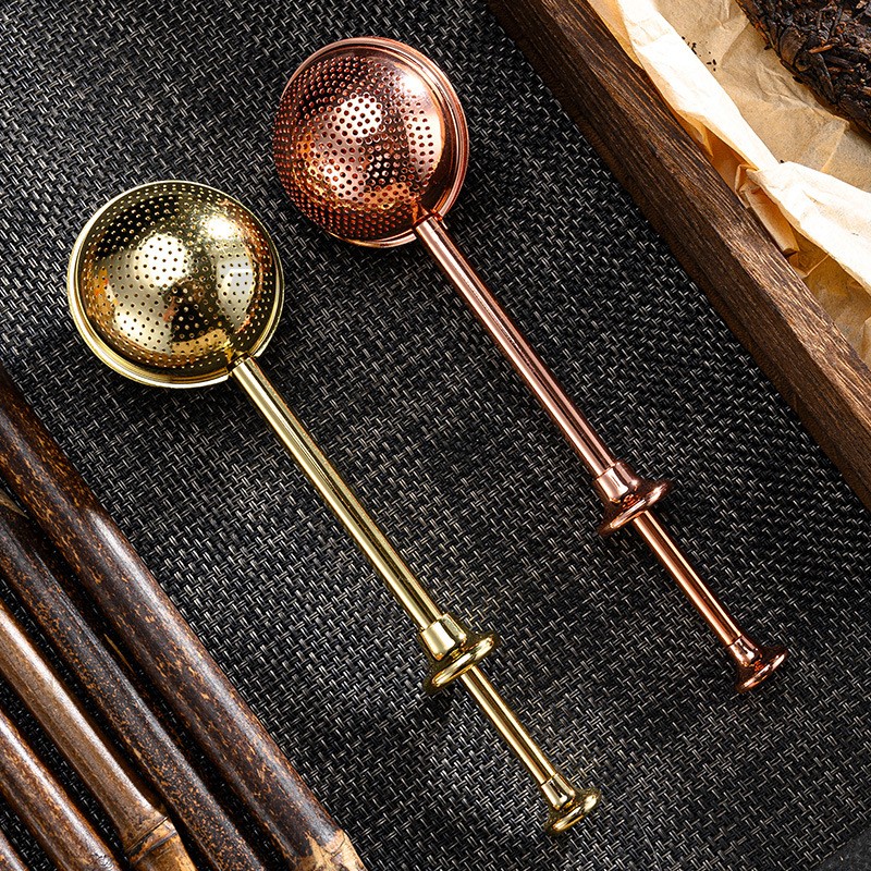 Gold and rose gold push handle stainless steel tea filter infuser for bulk teaware orders Gold and rose gold push handle stainless steel tea filter infuser for bulk teaware orders