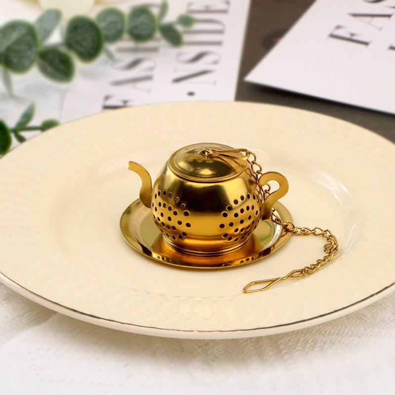 Gold PVD coated teapot tea infuser with detachable chain-attached lid for easy filling and cleaning