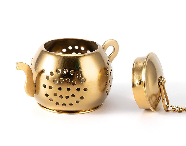 Gold PVD coated teapot tea infuser with detachable chain-attached lid for easy filling and cleaning