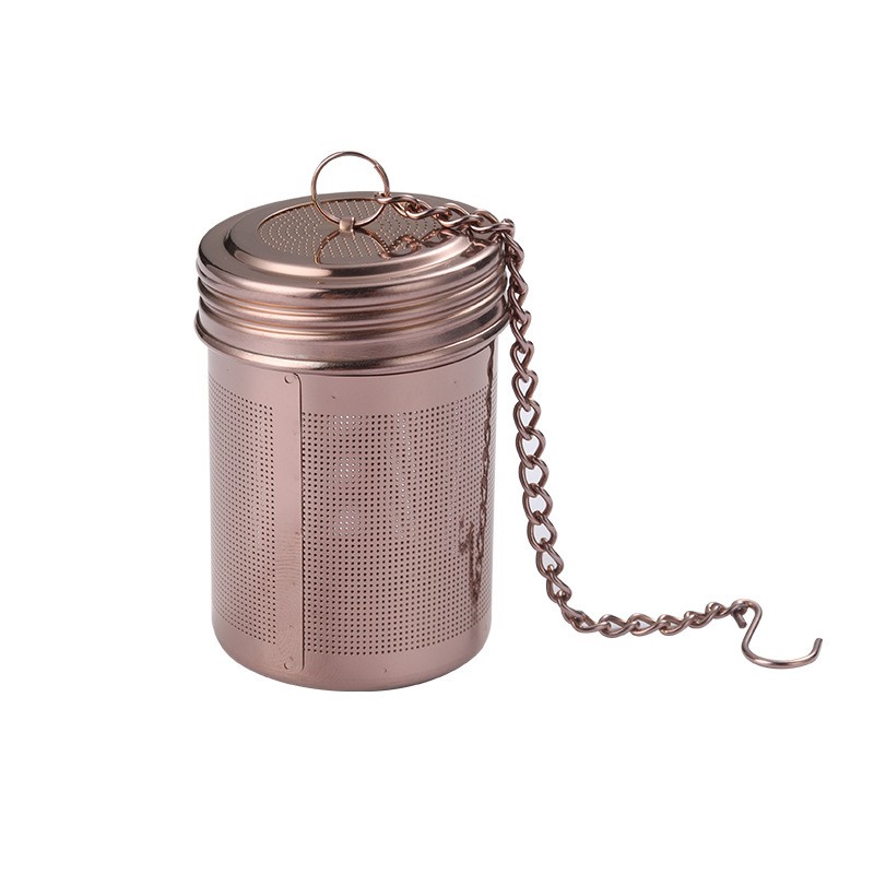 Stainless steel cylinder tea infuser basket with chain in rainbow, gold, and rose gold colors for loose leaf tea Stainless steel cylinder tea infuser basket with chain in rainbow, gold, and rose gold colors for loose leaf tea