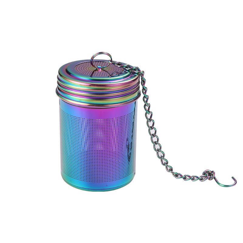 Stainless steel cylinder tea infuser basket with chain in rainbow, gold, and rose gold colors for loose leaf tea Stainless steel cylinder tea infuser basket with chain in rainbow, gold, and rose gold colors for loose leaf tea