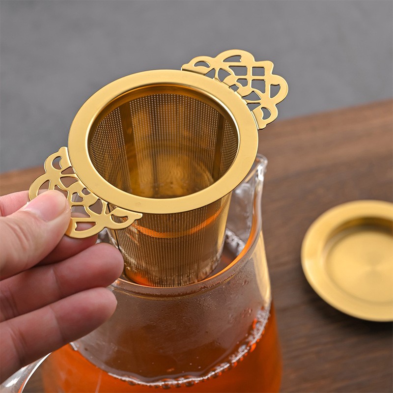 Gold filigree handles tea strainer 304 stainless steel wholesale manufacturer Gold filigree handles tea strainer 304 stainless steel wholesale manufacturer