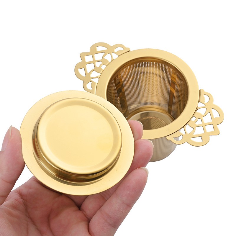 Gold filigree handles tea strainer 304 stainless steel wholesale manufacturer Gold filigree handles tea strainer 304 stainless steel wholesale manufacturer