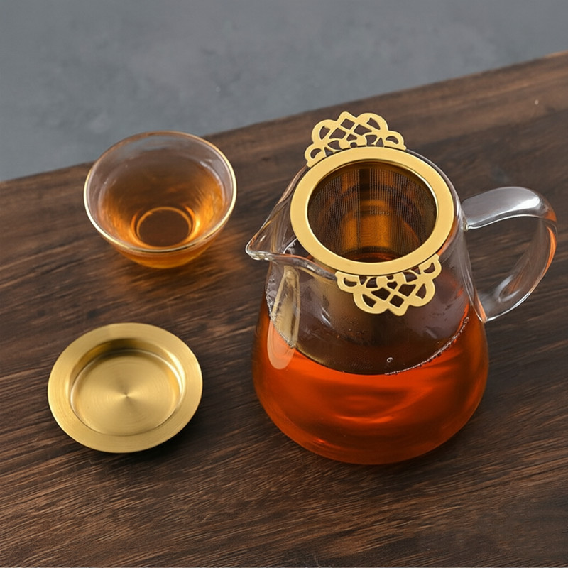 Gold filigree handles tea strainer 304 stainless steel wholesale manufacturer Gold filigree handles tea strainer 304 stainless steel wholesale manufacturer