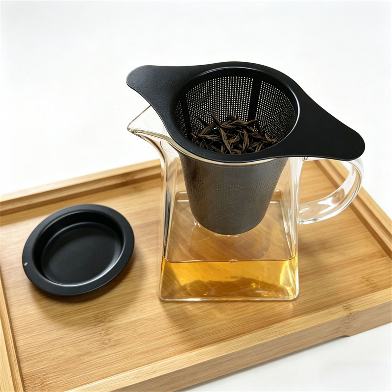 Black PVD Stainless Steel Tea Infuser with Wide Handles and Drip Tray Black PVD Stainless Steel Tea Infuser with Wide Handles and Drip Tray