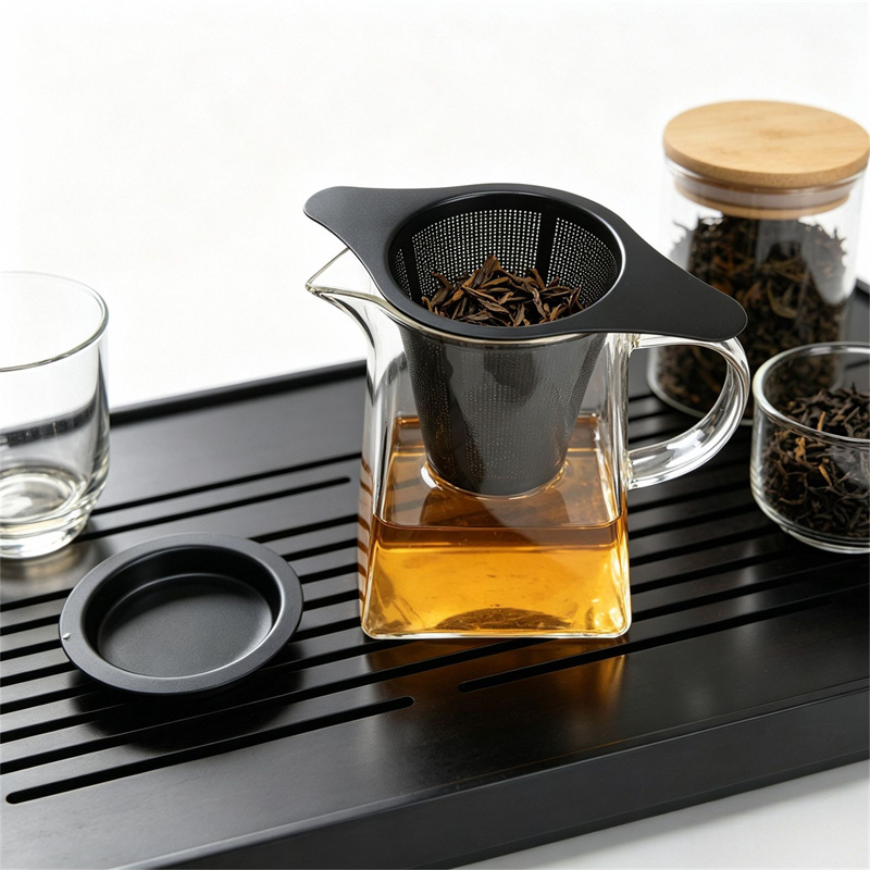 Black PVD Stainless Steel Tea Infuser with Wide Handles and Drip Tray Black PVD Stainless Steel Tea Infuser with Wide Handles and Drip Tray