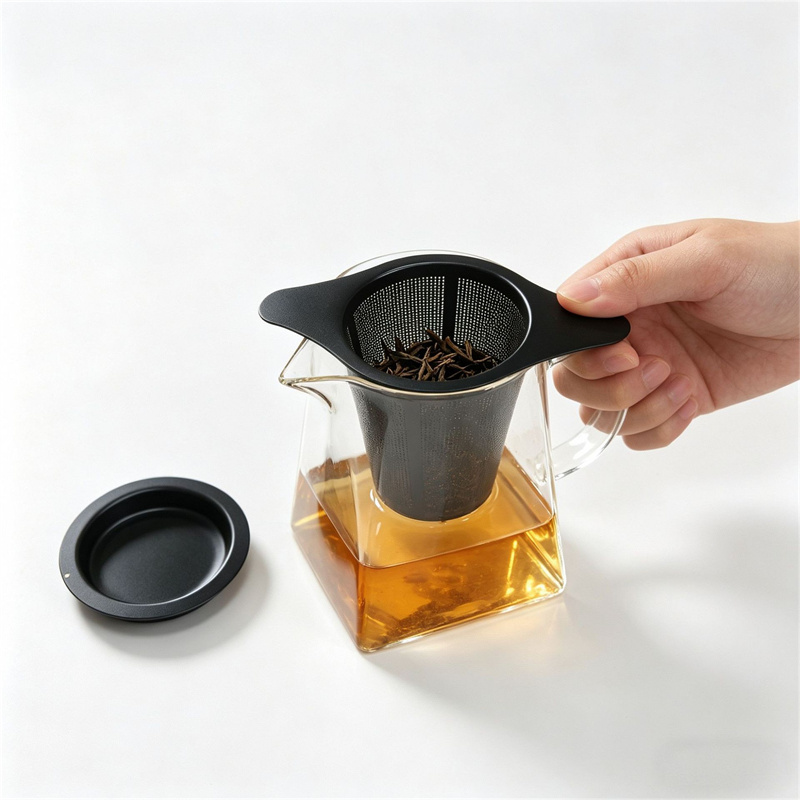Black PVD Stainless Steel Tea Infuser with Wide Handles and Drip Tray Black PVD Stainless Steel Tea Infuser with Wide Handles and Drip Tray