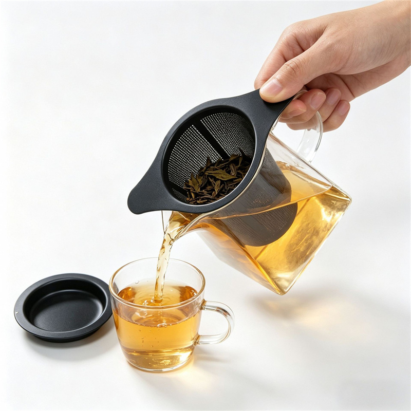 Black PVD Stainless Steel Tea Infuser with Wide Handles and Drip Tray Black PVD Stainless Steel Tea Infuser with Wide Handles and Drip Tray