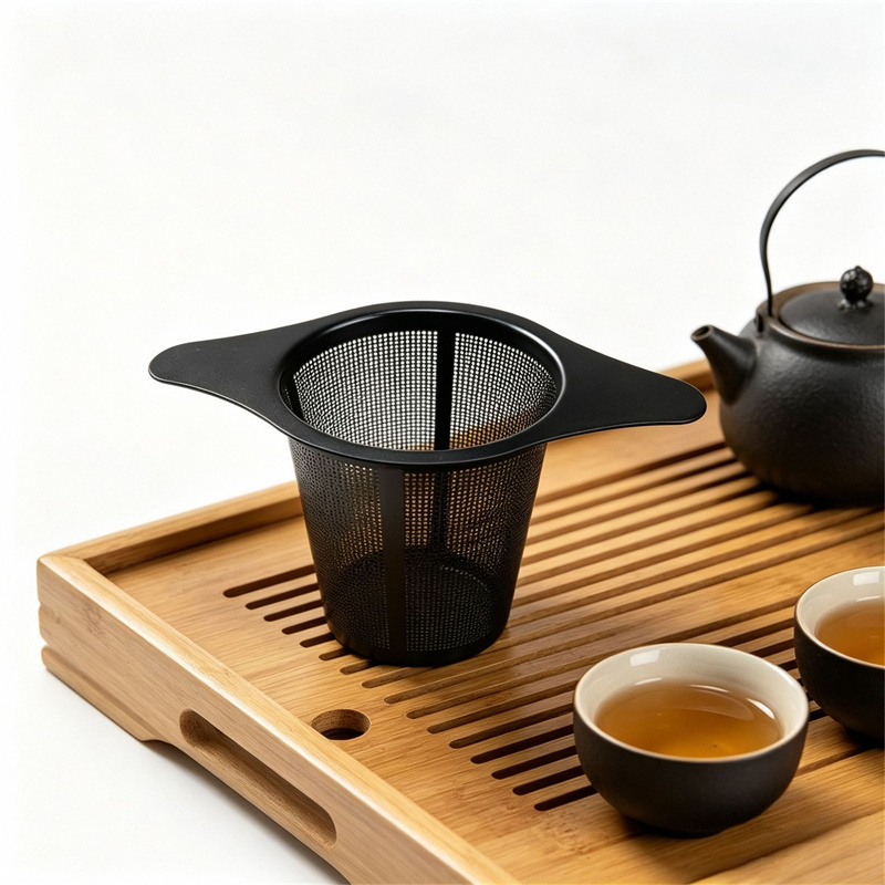 Black PVD Stainless Steel Tea Infuser with Wide Handles and Drip Tray Black PVD Stainless Steel Tea Infuser with Wide Handles and Drip Tray