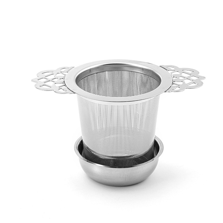 Stainless steel tea infuser with handles and drip bowl for loose leaf tea Stainless steel tea infuser with handles and drip bowl for loose leaf tea