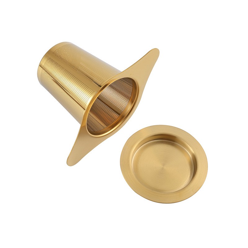 304 Stainless Steel Loose Leaf Tea Strainer with Lid and Gold PVD Finish 304 Stainless Steel Loose Leaf Tea Strainer with Lid and Gold PVD Finish