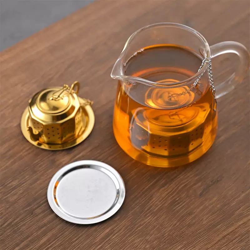 Gold teapot shape stainless steel tea infuser with drip tray saucer