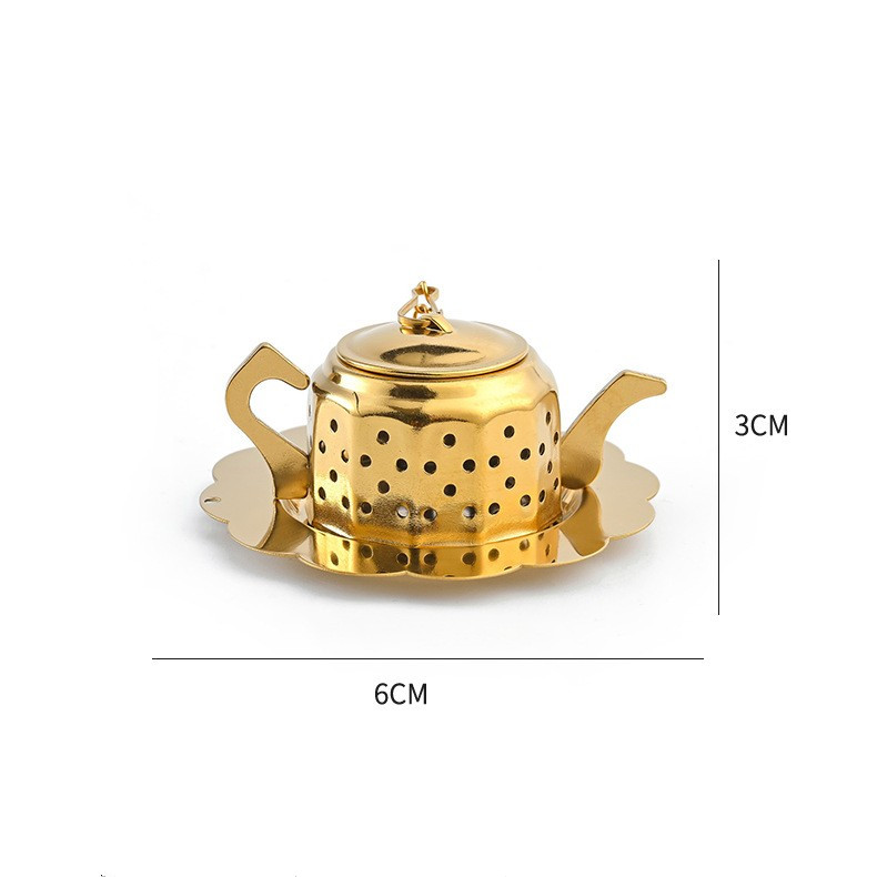 Gold 304 stainless steel tea infuser with chain and drip tray Gold 304 stainless steel tea infuser with chain and drip tray