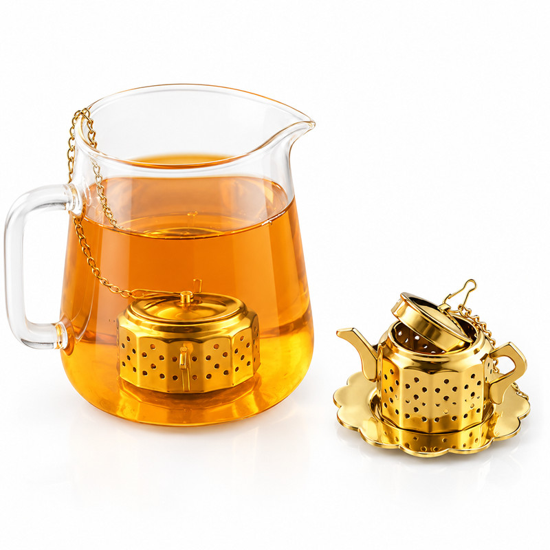 Gold 304 stainless steel tea infuser with chain and drip tray Gold 304 stainless steel tea infuser with chain and drip tray