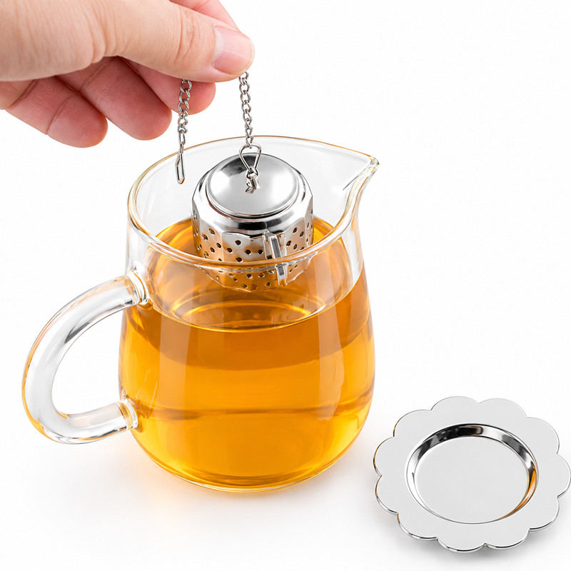 Gold 304 stainless steel tea infuser with chain and drip tray Gold 304 stainless steel tea infuser with chain and drip tray