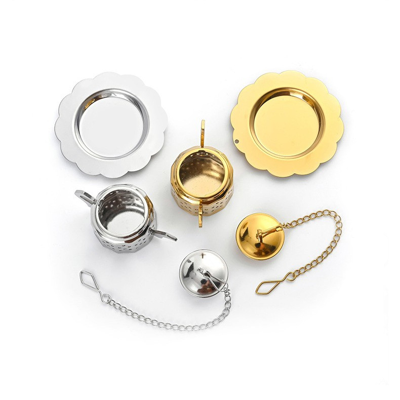 Gold 304 stainless steel tea infuser with chain and drip tray Gold 304 stainless steel tea infuser with chain and drip tray